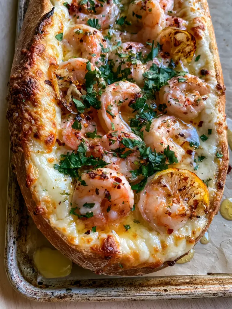 Shrimp Scampi Garlic Bread: The Ultimate Cheesy Seafood Appetizer 1 A rustic weathered sheet pan holding a long loaf of shrimp scampi garlic bread with golden-brown toasted edges and fresh green herbs.