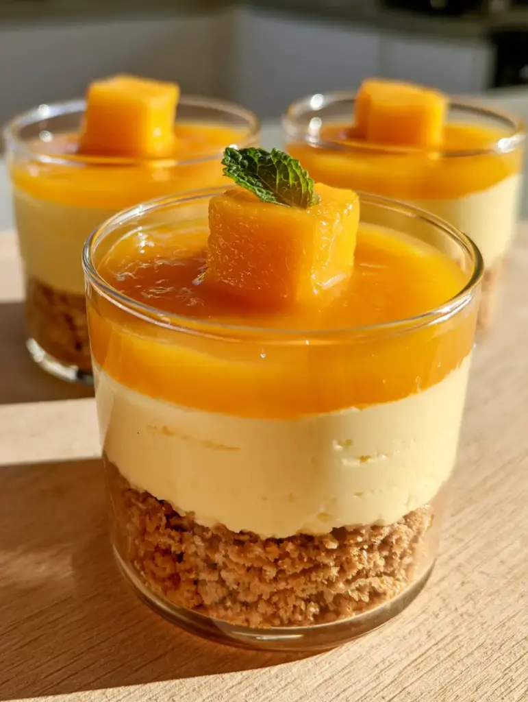 A minimalist kitchen setting featuring three mini mango cheesecake cups under soft natural afternoon light.