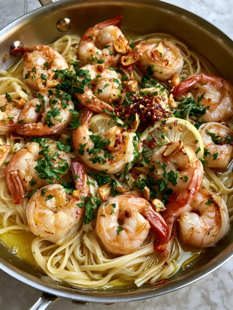 Overhead view of a stainless steel skillet filled with Quick Shrimp Scampi, garnished with parsley and lemon slices.