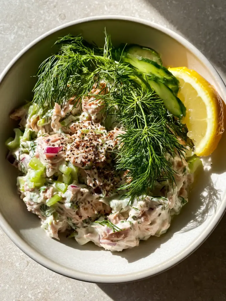 Top down photo of a high protein tuna salad bowl showing dill garnish and Persian cucumbers.