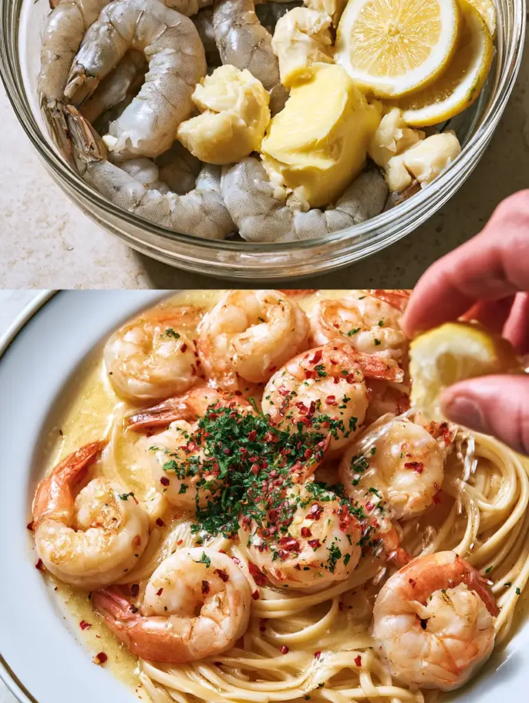 Close up of a hand squeezing a lemon over a plate of shrimp scampi garnished with parsley and chili flakes.