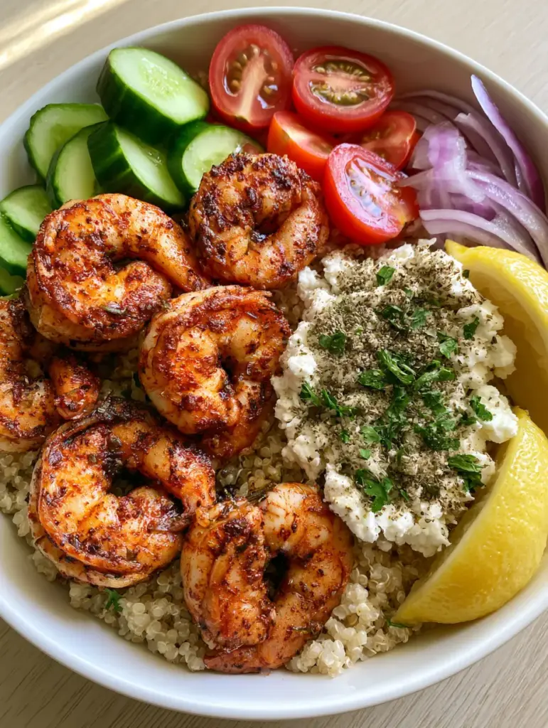 Close up shot of spice-rubbed shrimp with charred edges sitting on a bed of fluffy white quinoa. (Greek Shrimp Mediterranean Bowl)