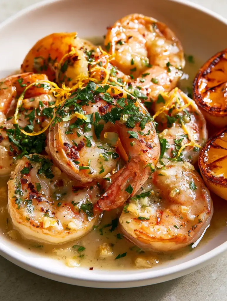 Overhead shot of jumbo shrimp scampi with charred lemon halves and fresh herbs in a white ceramic bowl.