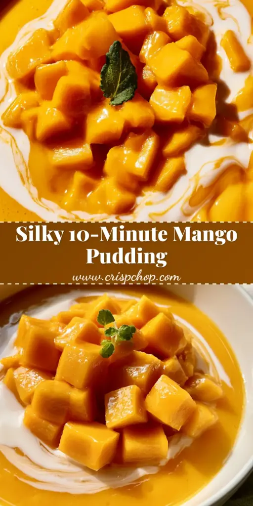 Mango Pudding Recipe: The Silky Hong Kong Style Dessert of Your Dreams 3 A top-down photo of Hong Kong style mango pudding in a white bowl with diced mangoes and a milk drizzle. (Mango Pudding Recipe)