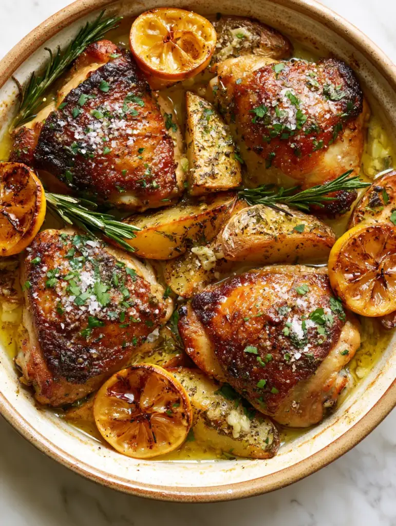 Close up of blistered gold potato wedges nestled among succulent Lemon garlic roast chicken thighs.