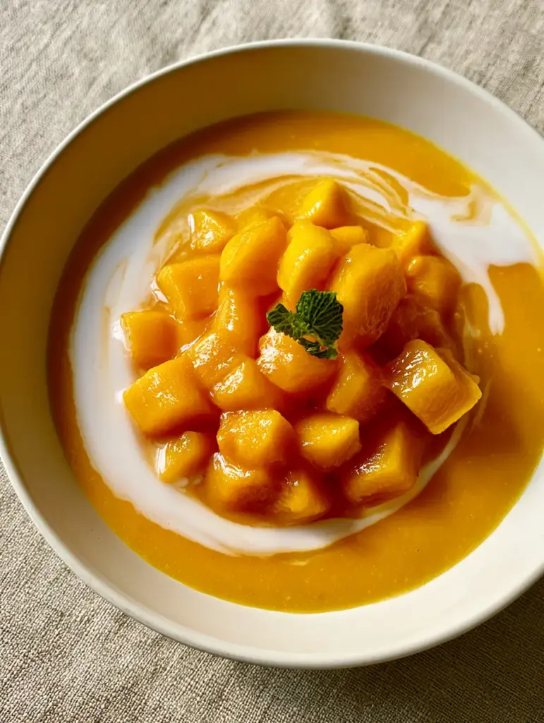 Extreme close-up of glossy orange mango custard topped with 1cm mango cubes. (Mango Pudding Recipe)