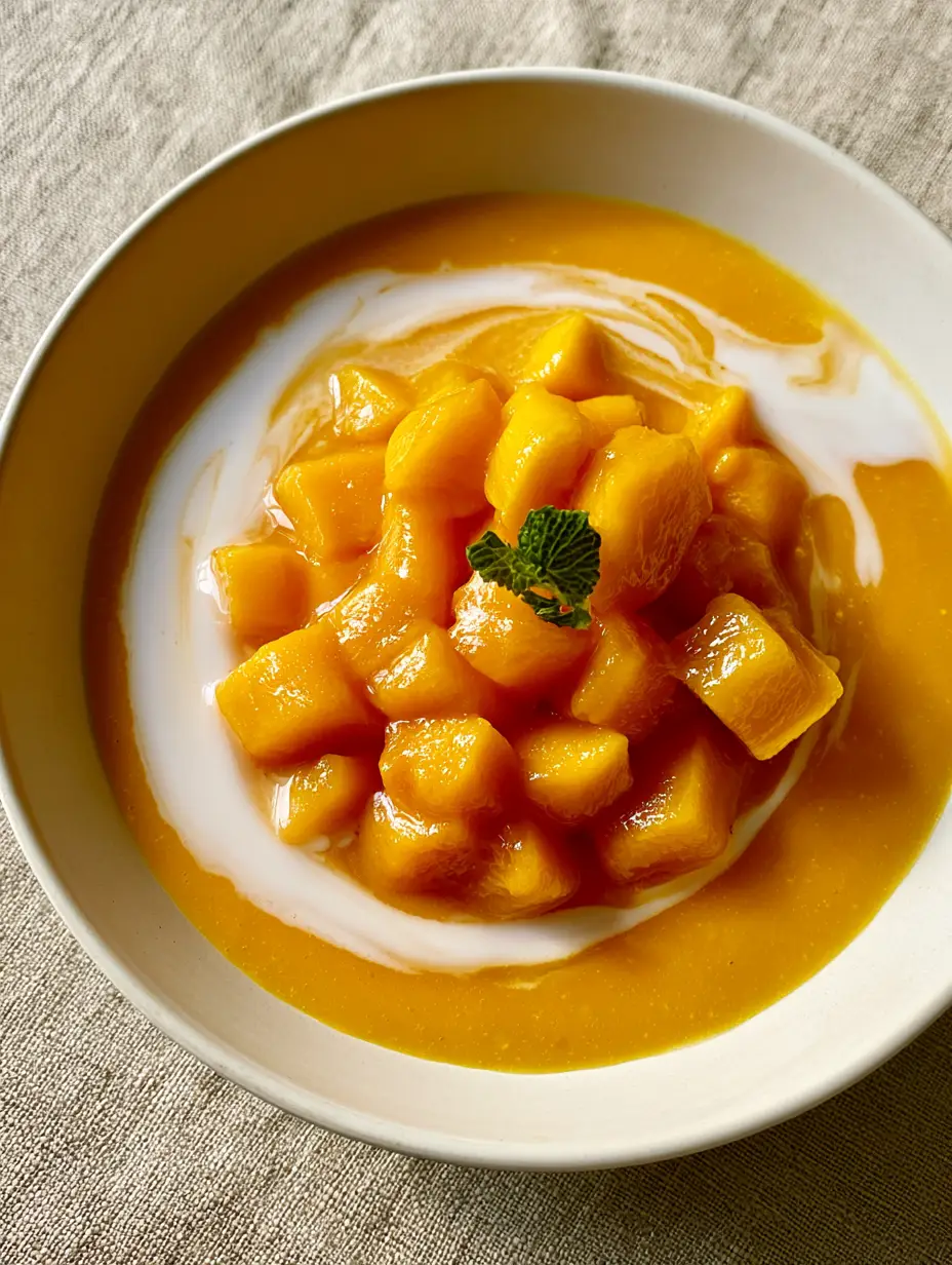 Mango Pudding Recipe: The Silky Hong Kong Style Dessert of Your Dreams 4 Extreme close-up of glossy orange mango custard topped with 1cm mango cubes. (Mango Pudding Recipe)