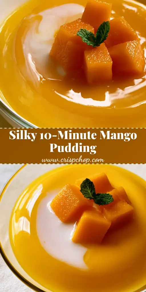 Mango Pudding: The Silky Smooth Hong Kong Style Dessert 3 A single serving of Mango Pudding in a glass dish with fresh mango cubes and a mint leaf garnish on a linen background.