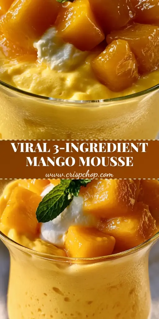 A vertical close-up of a 3 ingredient mango dessert in a fluted glass with aerated mousse and fresh mango cubes.