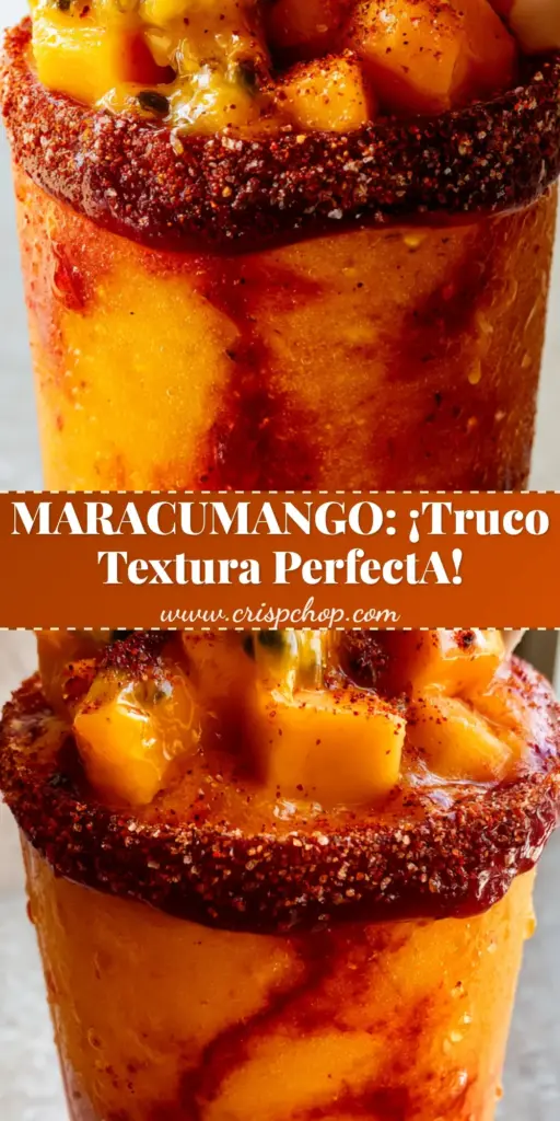 Maracumango: The Ultimate Spicy Passion Fruit Mango Frappe Recipe 4 A tall glass of Maracumango with a thick chamoy and Tajin rim, topped with fresh mango cubes and passion fruit seeds.