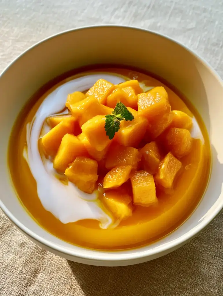 Mango Pudding Recipe: The Silky Hong Kong Style Dessert of Your Dreams 1 Top-down view of a minimalist white bowl containing mango pudding and a micro-mint garnish.