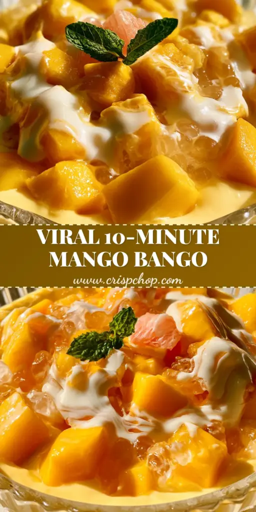 Mango Bango Recipe: The Ultimate Creamy Filipino Mango Sago Dessert 4 A close-up vertical shot of Mango Bango dessert in a glass bowl with mango cubes, sago pearls, and a mint sprig. (mango bango)