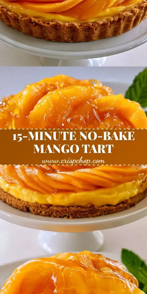 A two-panel vertical Pinterest pin showing a whole mango tart with a mango rose topping and a close-up macro slice of the mango tart recipe.