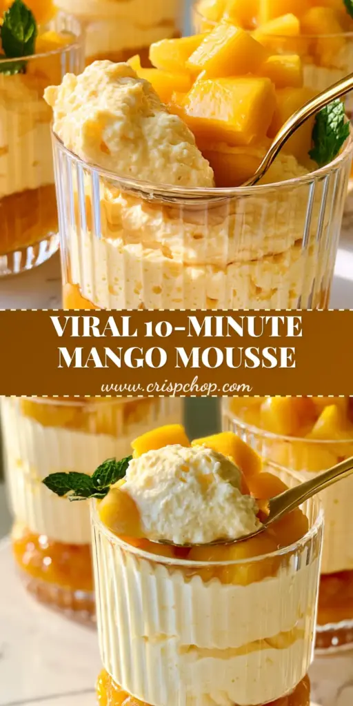 Three elegant layered Mango mousse cups in ribbed glasses on white marble, garnished with fresh mint and a gold spoon.