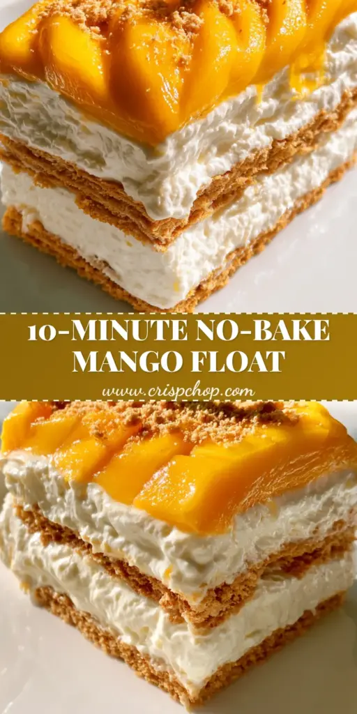 A tall, rectangular slice of mango ice box cake with architectural layers of graham crackers and cream, topped with shingled mangoes and mint. (mango ice box cake)