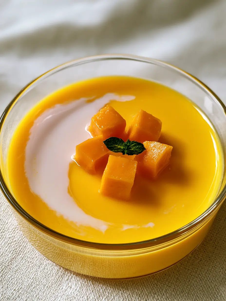 Mango Pudding: The Silky Smooth Hong Kong Style Dessert 4 Close-up of a vibrant yellow Mango Pudding with a reflective glossy surface and evaporated milk swirl.