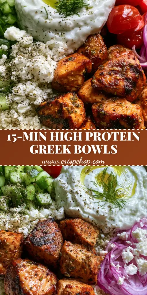 Greek Chicken Grain Bowl: The Ultimate High-Protein Mediterranean Meal Prep 4 A high-angle hero shot of a Greek Chicken Grain Bowl with charred chicken, white quinoa, emerald cucumbers, and a dollop of tzatziki.