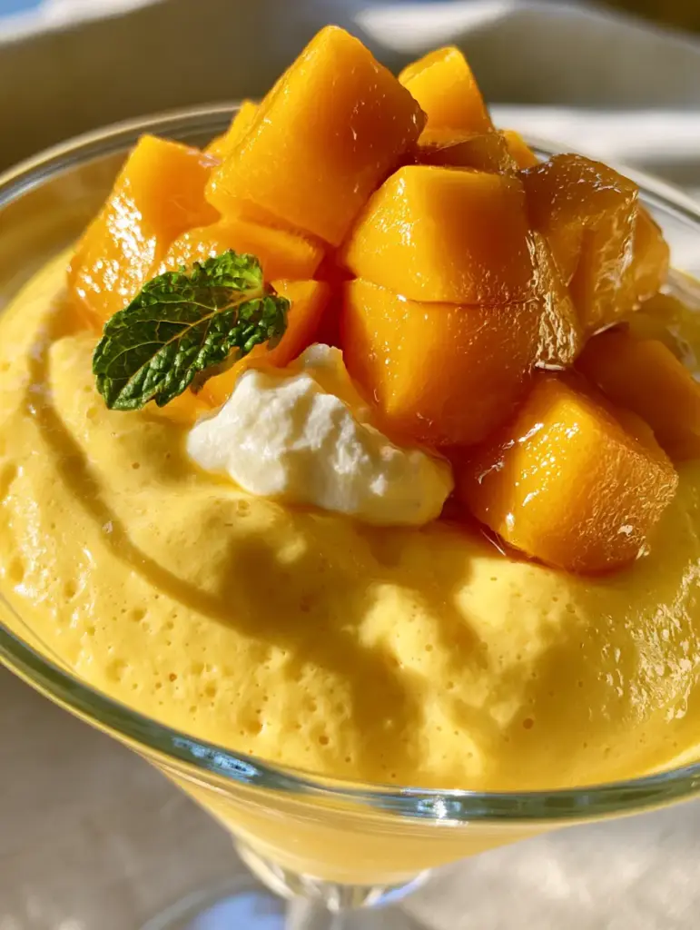 Extreme close-up of aerated pastel yellow mango mousse with tiny air bubbles. (3 ingredient mango dessert)