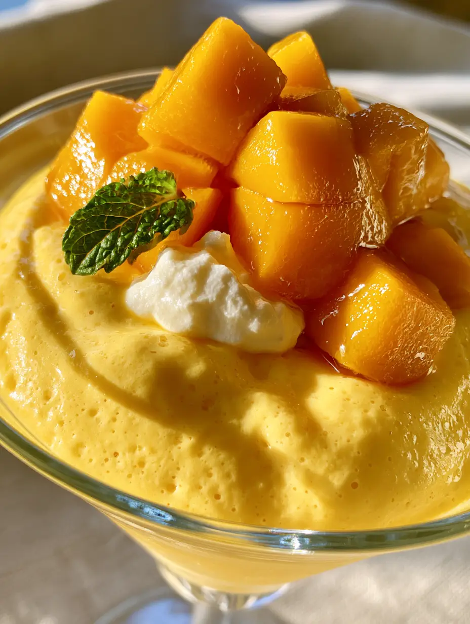Extreme close-up of aerated pastel yellow mango mousse with tiny air bubbles. (3 ingredient mango dessert)