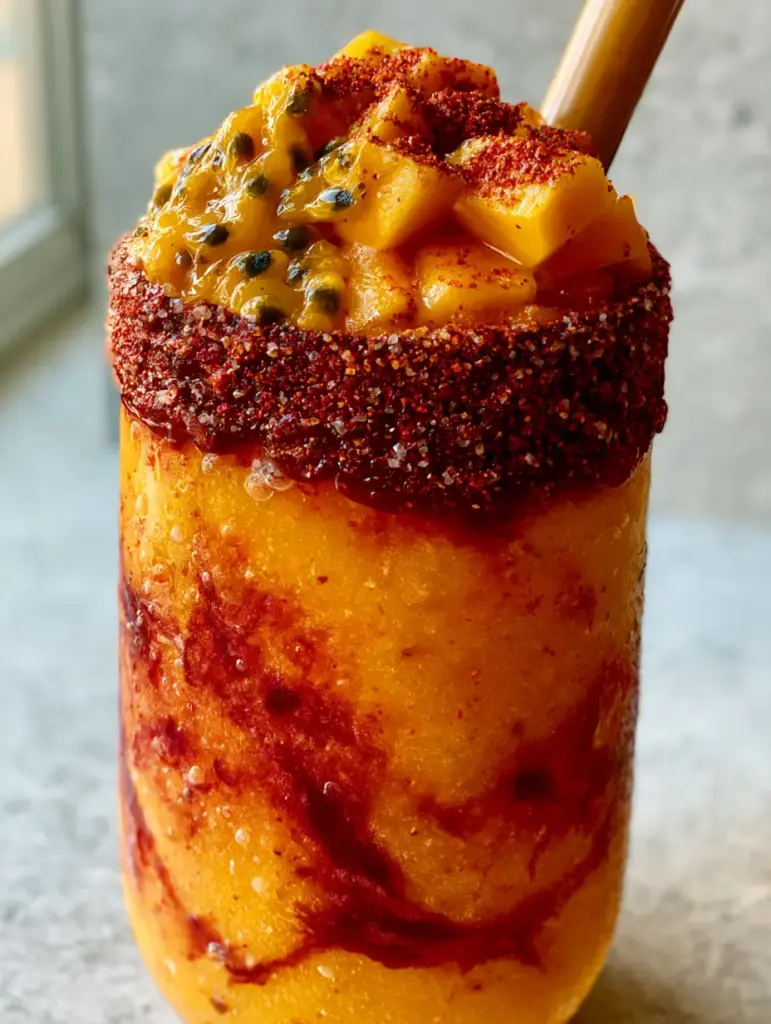 Close up of the dense frosty fruit slush base of a Maracumango showing frozen fruit fibers.