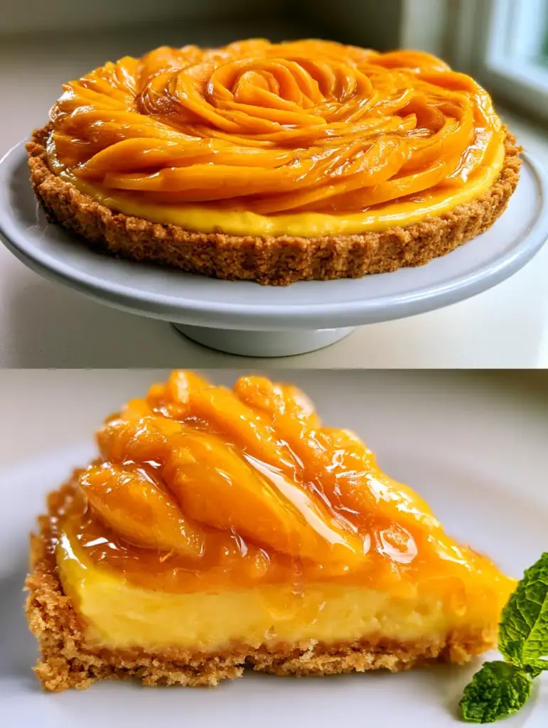 A whole vibrant mango tart on a white pedestal featuring an intricate mango rose and golden graham cracker crust (mango tart recipe).