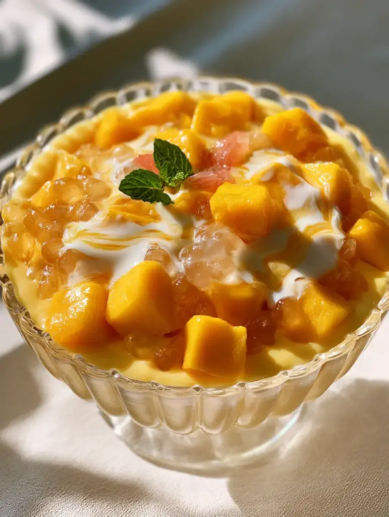 A handheld smartphone photo showing the marbleized texture of mango bango with evaporated milk drizzle. (mango bango)