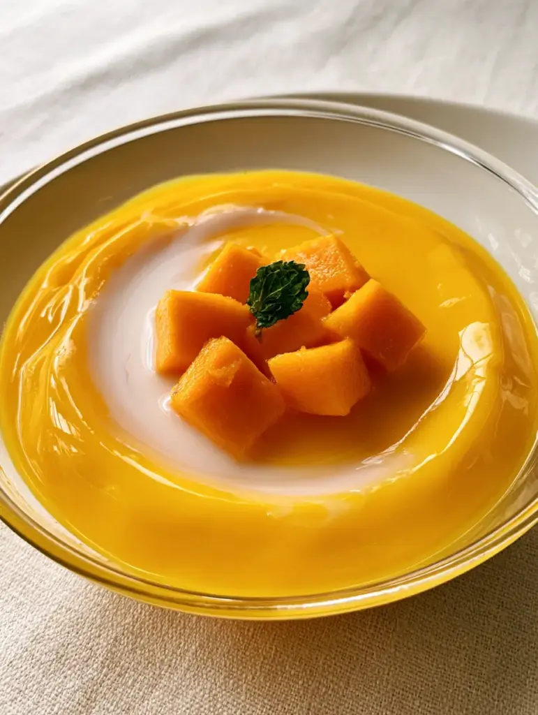 Mango Pudding: The Silky Smooth Hong Kong Style Dessert 1 Overhead view of Mango Pudding in a modern glass dish showing the symmetrical mango cube garnish.