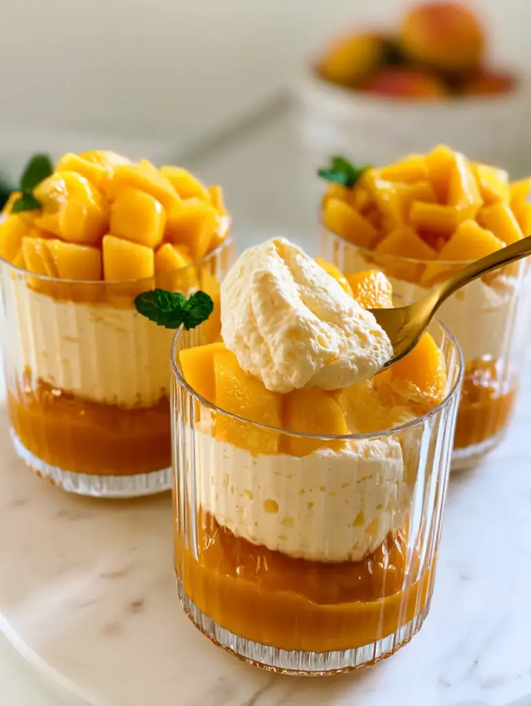 Close-up handheld smartphone photo of Mango mousse cups showing the aerated texture and deep orange coulis base.