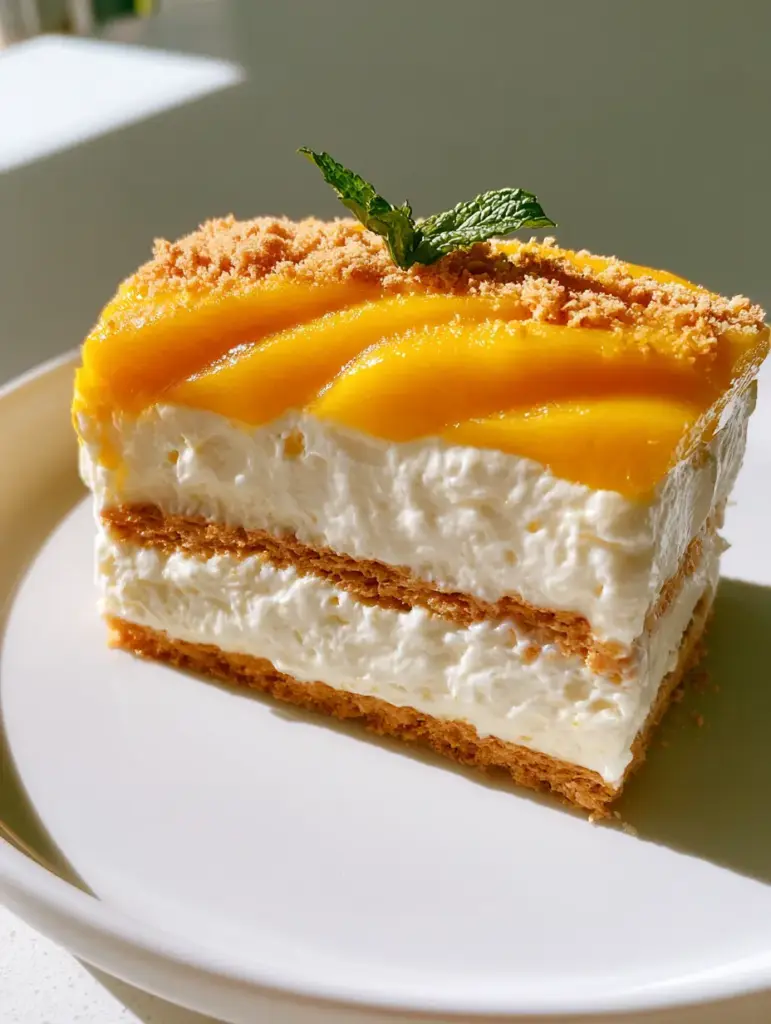 A side view macro shot of a single slice of mango ice box cake on a white plate, highlighting the yellow mango shingles and white cream. (mango ice box cake)