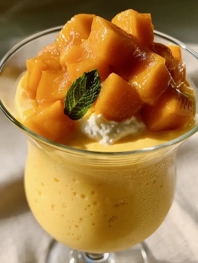 Glistening diced fresh mango cubes on top of a 3 ingredient mango dessert.