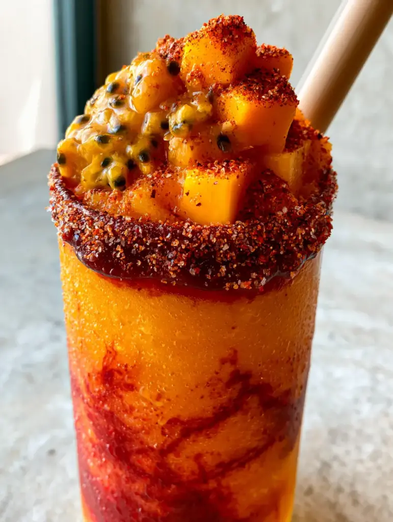 Maracumango: The Ultimate Spicy Passion Fruit Mango Frappe Recipe 1 Overhead view of a Maracumango topped with passion fruit seeds, cubed mango, and Tajin powder.
