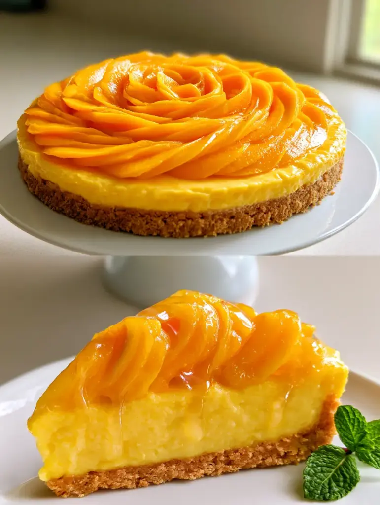 Macro close-up of a single slice of mango tart showing the distinct layers of crust, whipped custard, and glistening mango slices (mango tart recipe).