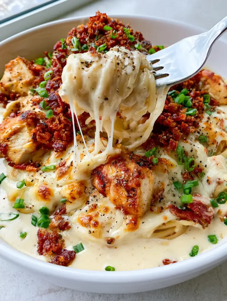 Overhead view of bubbling Monterey Jack cheese with golden-brown toasted spots over spaghetti and crispy bacon bits.
