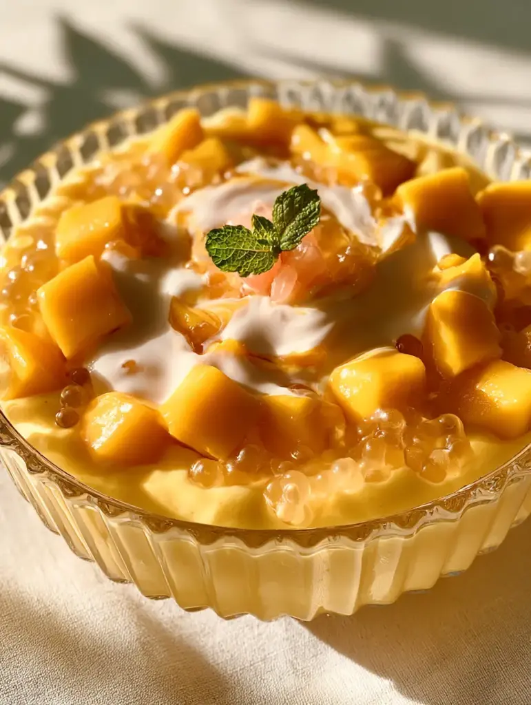 Side view of three Mango mousse cups arranged on a marble counter with whole mangoes in the background.