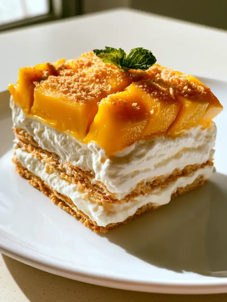 Close up photo of mango ice box cake featuring glistening ripe carabao mango slices and fine graham cracker dust.