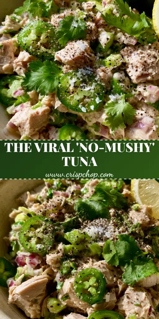 A vibrant Matthew McConaughey Tuna Salad in a cream bowl with green jalapeños and cracked black pepper.