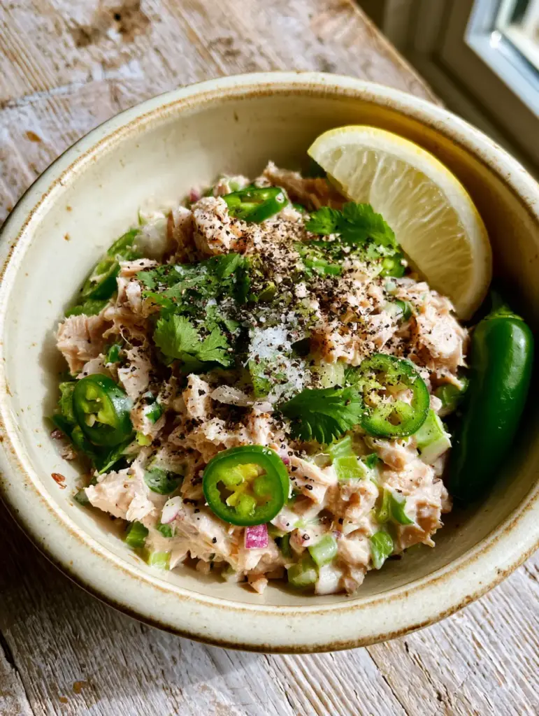 Top-down macro shot of Matthew McConaughey Tuna Salad with large white albacore flakes and fresh cilantro.
