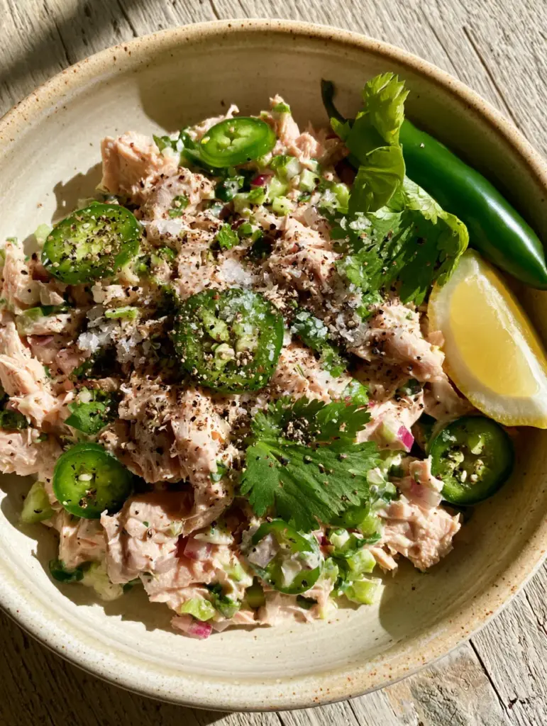 Close up of Matthew McConaughey Tuna Salad showing sliced jalapeños and red onion in a light olive oil dressing.