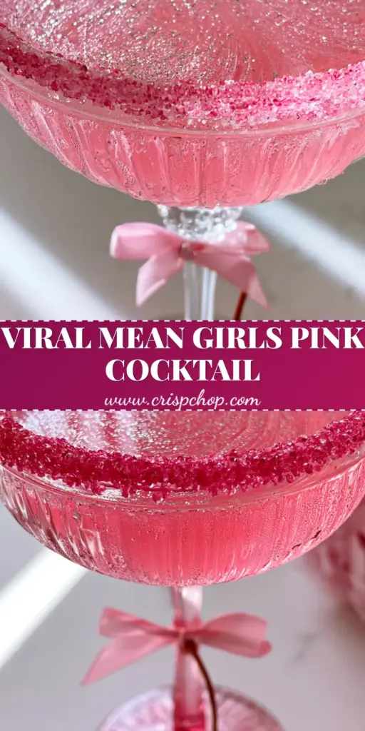 A vibrant hot pink Mean Girls cocktail in a ribbed glass with a pink ribbon and silver shimmer.