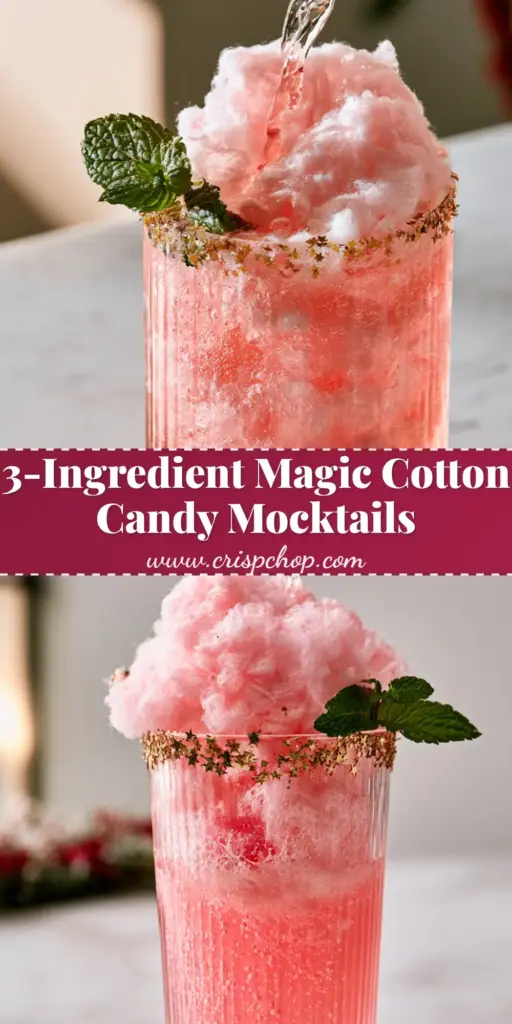 Mocktails for Kids: Magic Cotton Candy Sparkling Elixir 4 A tall ribbed glass filled with pink sparkling liquid, topped with a mint sprig and gold stars, demonstrating mocktails for kids.