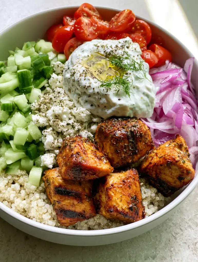 Greek Chicken Grain Bowl: The Ultimate High-Protein Mediterranean Meal Prep 2 Succulent cubes of lemon-herb chicken with dark grill marks served over fluffy white quinoa.