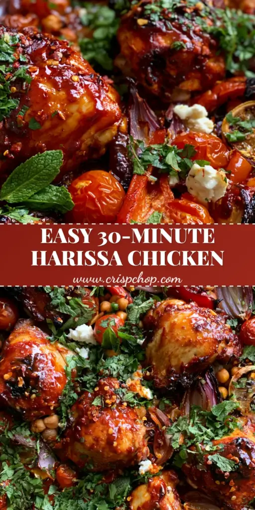 A top-down view of Moroccan Harissa Chicken on a grey sheet pan with crispy glazed chicken, charred vegetables, and fresh herbs.