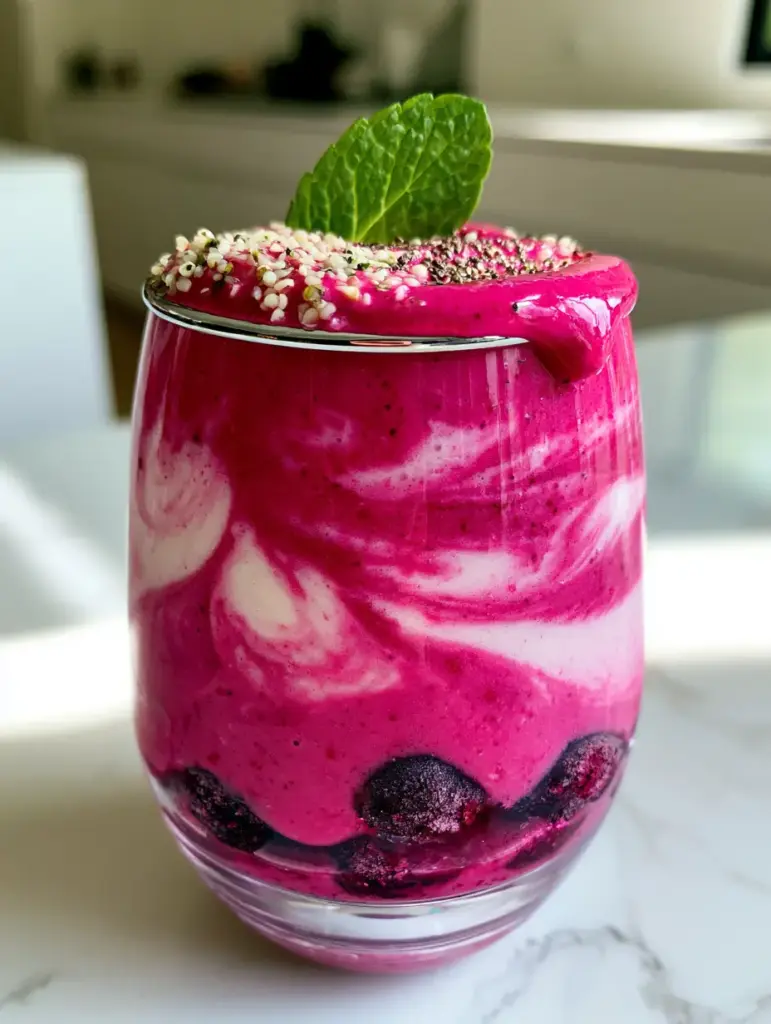Close up of a dragonfruit smoothie with coconut cream swirls and hemp seeds in a smoothie maker.