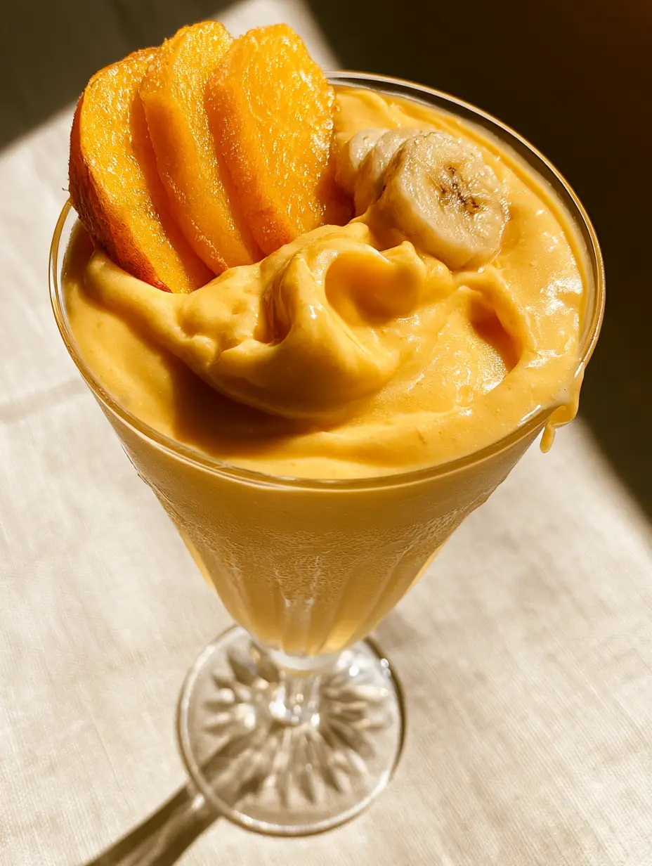Close-up of a spoonable Banana Peach Smoothie with creamy swirl peaks and frosty condensation on the glass.