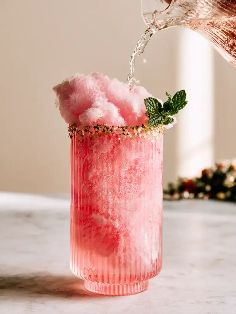 Sparkling white grape juice being poured over a fluffy pink cotton candy cloud in a ribbed glass (mocktails for kids).