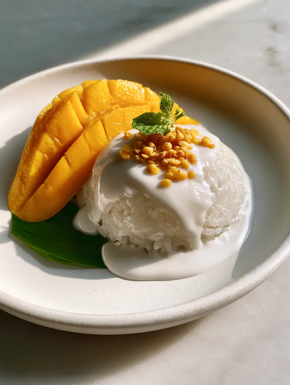 Close up shot of translucent chewy steamed glutinous rice for mango sticky rice catching the light.