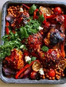 Close up of crispy skin-on Moroccan Harissa Chicken thighs with a deep red glaze and charred lemon slices.