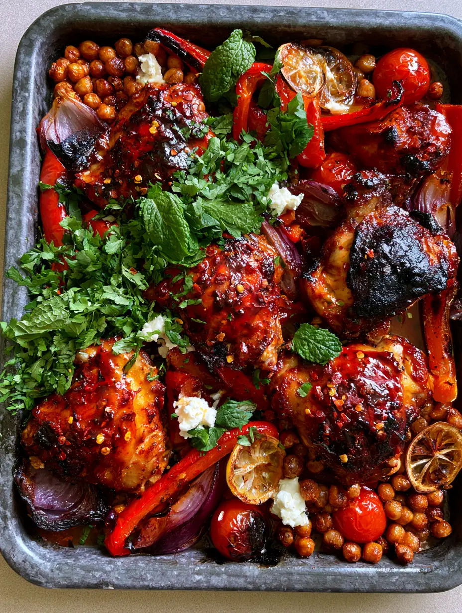 Close up of crispy skin-on Moroccan Harissa Chicken thighs with a deep red glaze and charred lemon slices.