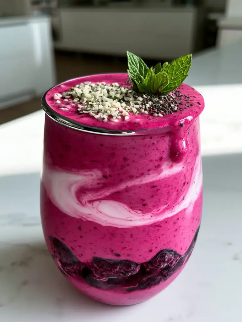 Smoothie Maker Dragonfruit Berry Bliss (Ultra-Creamy Magenta Blend) 1 Top view of a magenta smoothie in a handheld blender with condensation and mint leaf.