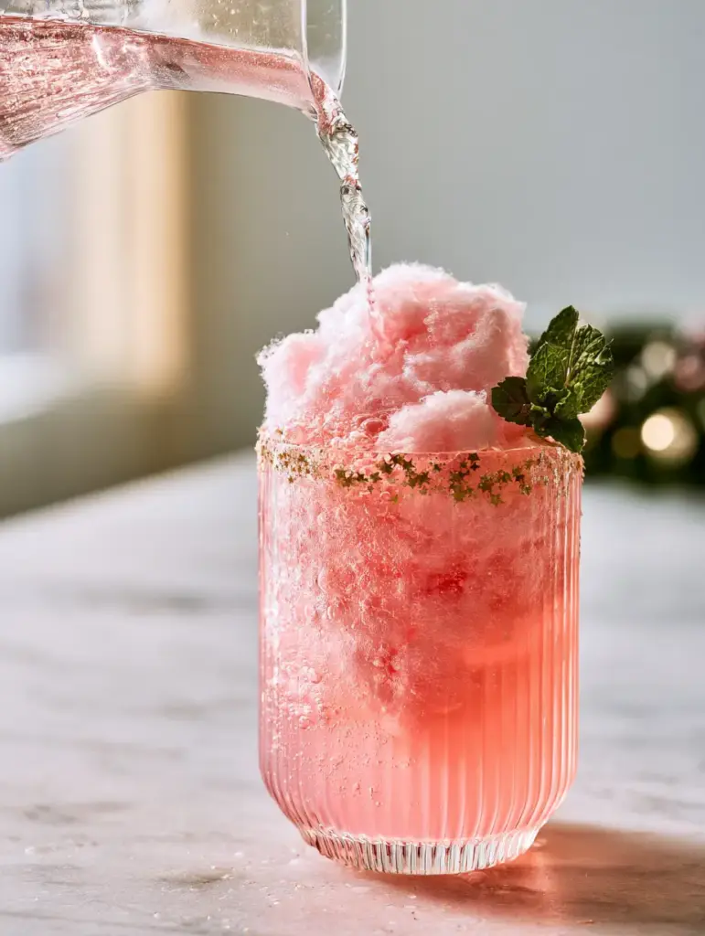Mocktails for Kids: Magic Cotton Candy Sparkling Elixir 1 Close up of the melting sugar tendrils and gold stars in a pink mocktail for kids.